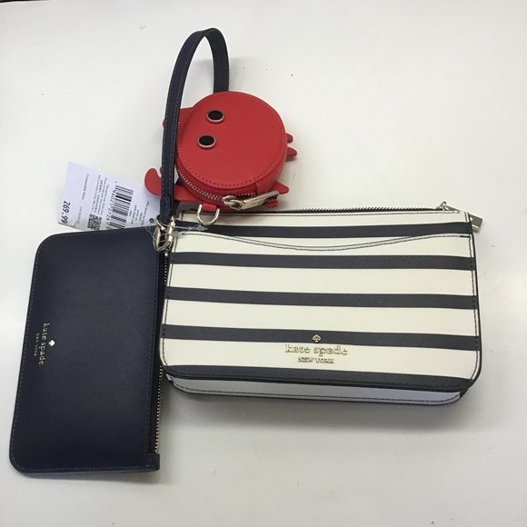 Kate Spade New 3 Piece Navy and White Wristlet with Wallet and Crab Coin Purse Bags